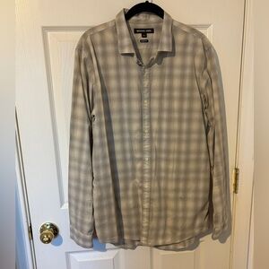 Michael Kors Mens Button Down Slim Fit Shirt Gray Plaid Long Sleeve Collared